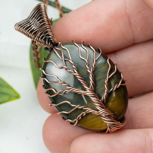 Blue & Gold Tiger Eye Tree of Life Necklace #1